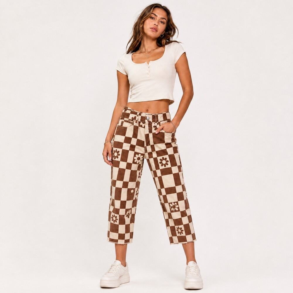 Pacsun Eco Flower Checkerboard Crop Jeans Sz 25 Y2K Brown Daisy Retro Raw Hem